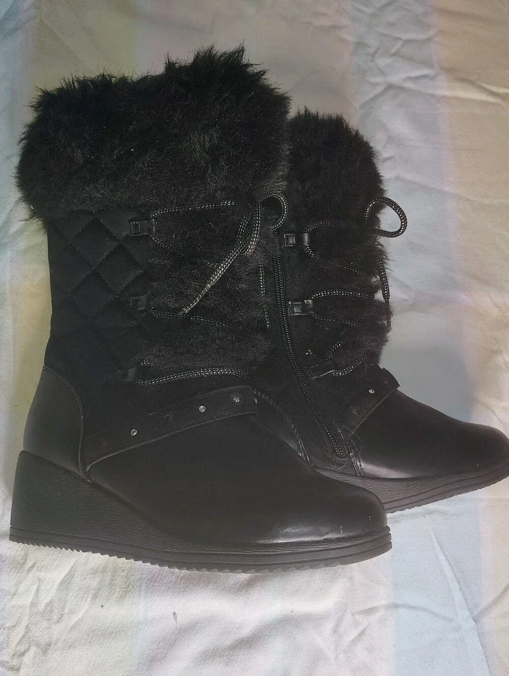 Women's Black Fur-Trim Lace-Up Boots